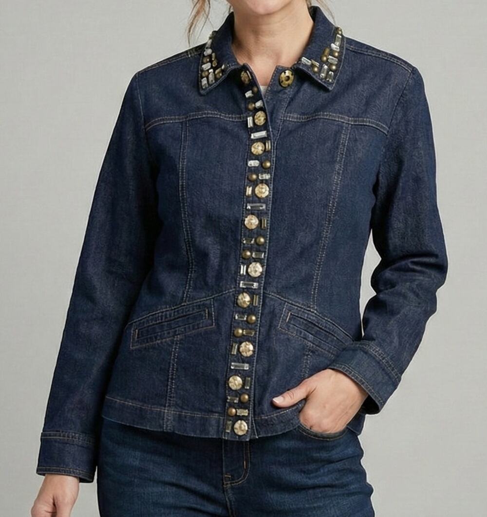 Ruby Rd. Blue Metallic Denim Jean Jacket Size 8 Embellished